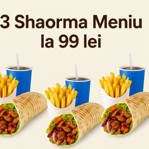 3 shaorma + 3 porții de cartofi + 3 sucuri
